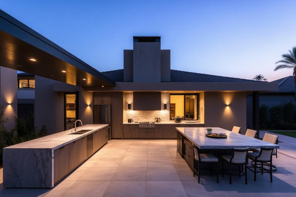 Outdoor alfresco kitchen with stone benchtops