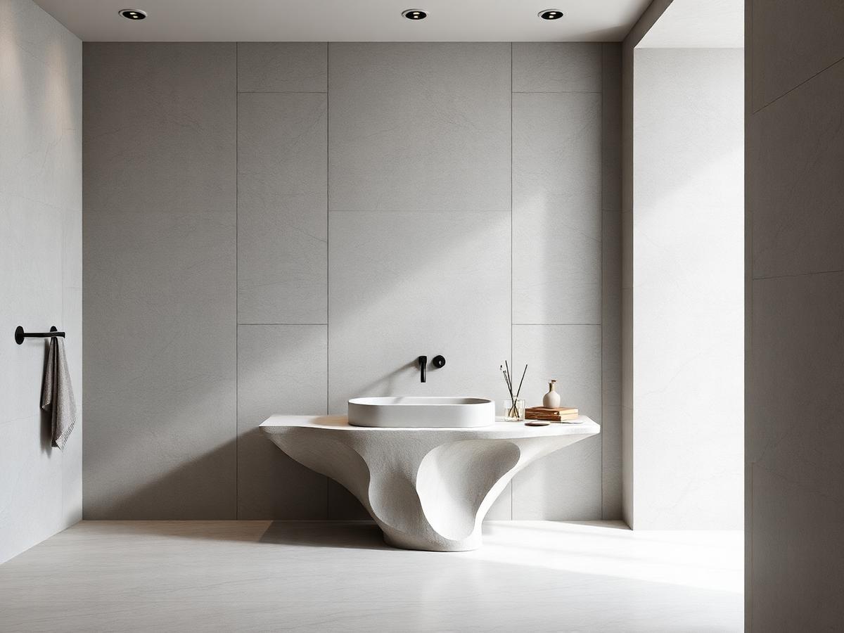 Minimalist bathroom clad in grey sintered stone